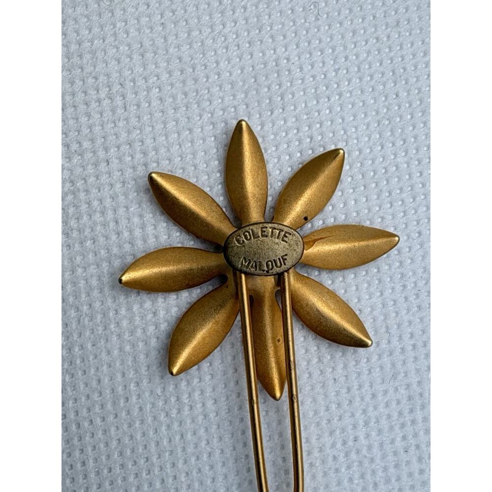 Colette Malouf Gold Tone Daisy Flower Hair Pins Pair Crystal Center Wedding Set - Picture 3 of 6